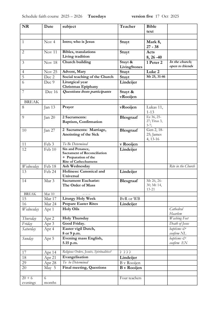 First page of Schedule faith course 2025 – 2026