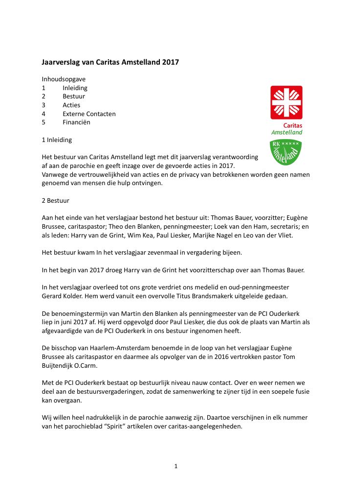 Eerste pagina van Jaarverslag van Caritas Amstelland 2017