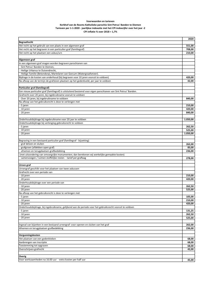 Eerste pagina van Voorwaarden en tarieven Kerkhof van de Rooms Katholieke parochie Sint Petrus' Banden te Diemen