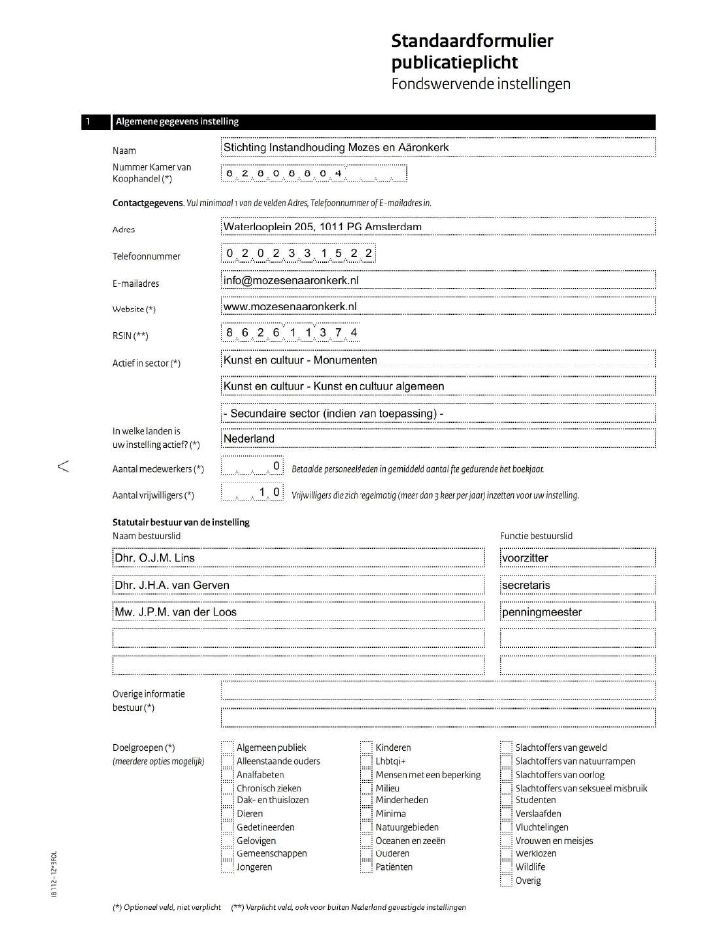 Primera página de Standaardformulier publicatieplicht – Stichting Instandhouding Mozes en Aäronkerk