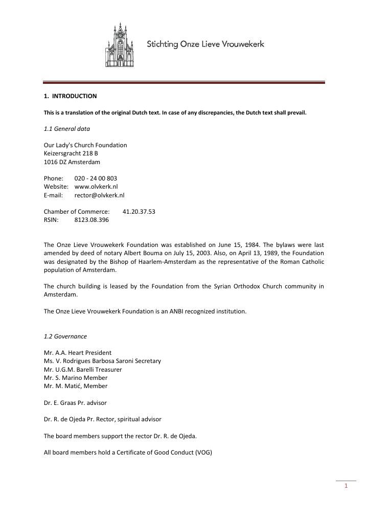 Eerste pagina van Our Lady's Church Foundation – Annual Report / ANBI Information