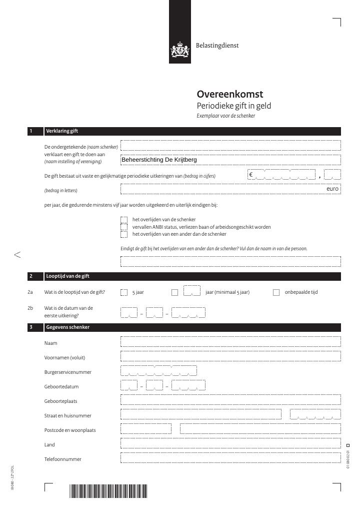 Primera página de Overeenkomst Periodieke gift in geld – Beheerstichting De Krijtberg
