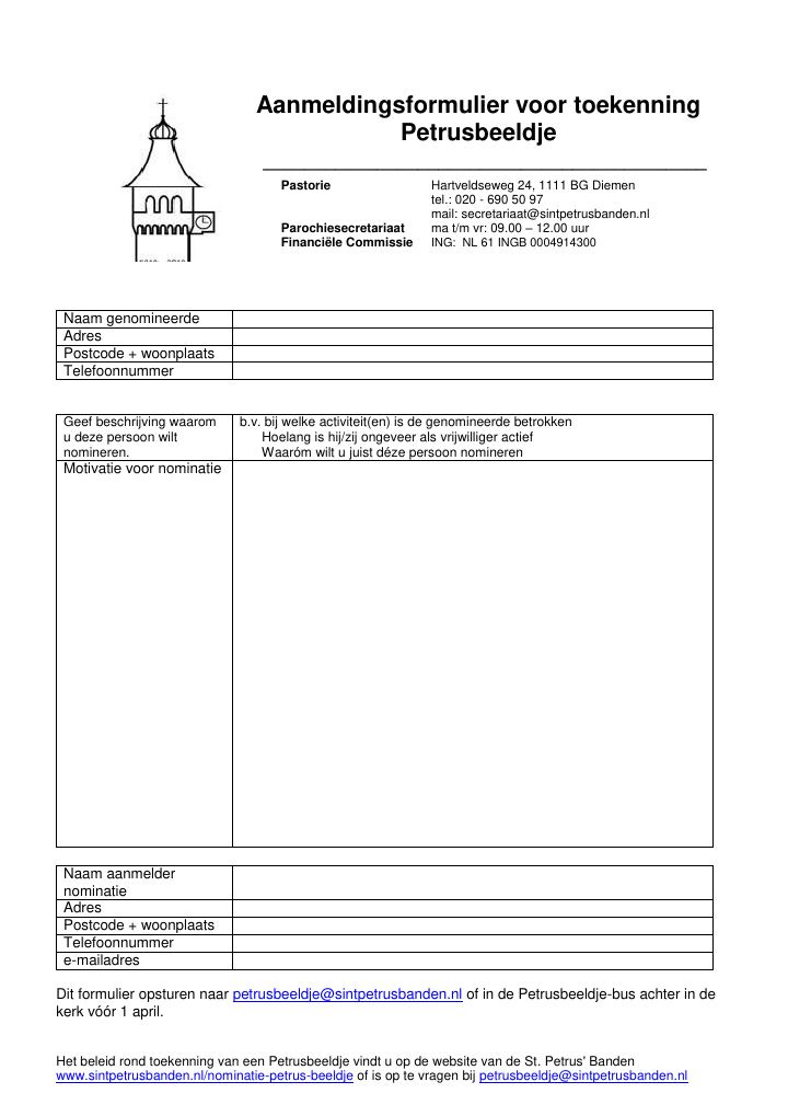 Eerste pagina van Aanmeldingsformulier voor toekenning Petrusbeeldje