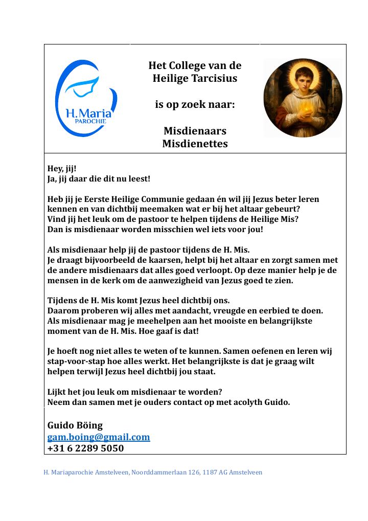 Eerste pagina van Misdienaars Flyer Tarcisius
