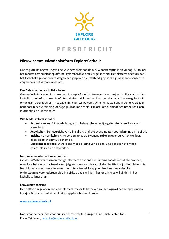 First page of Persbericht ExploreCatholic