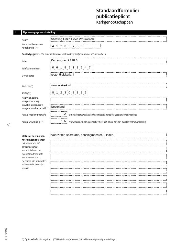 Eerste pagina van Standaardformulier publicatieplicht Kerkgenootschappen – Stichting Onze Lieve Vrouwekerk