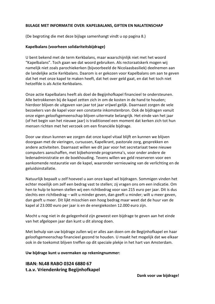 Eerste pagina van Bijlage met informatie over Kapelbalans, giften en nalatenschap