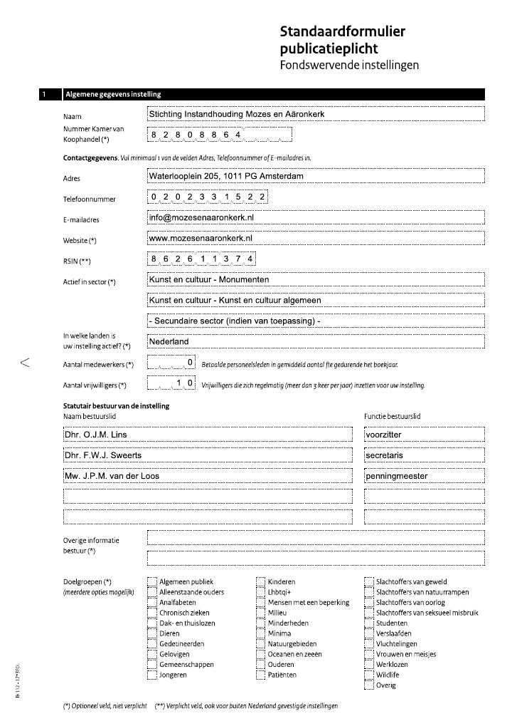 Eerste pagina van Standaardformulier publicatieplicht Fondswervende instellingen – Stichting Instandhouding Mozes en Aäronkerk