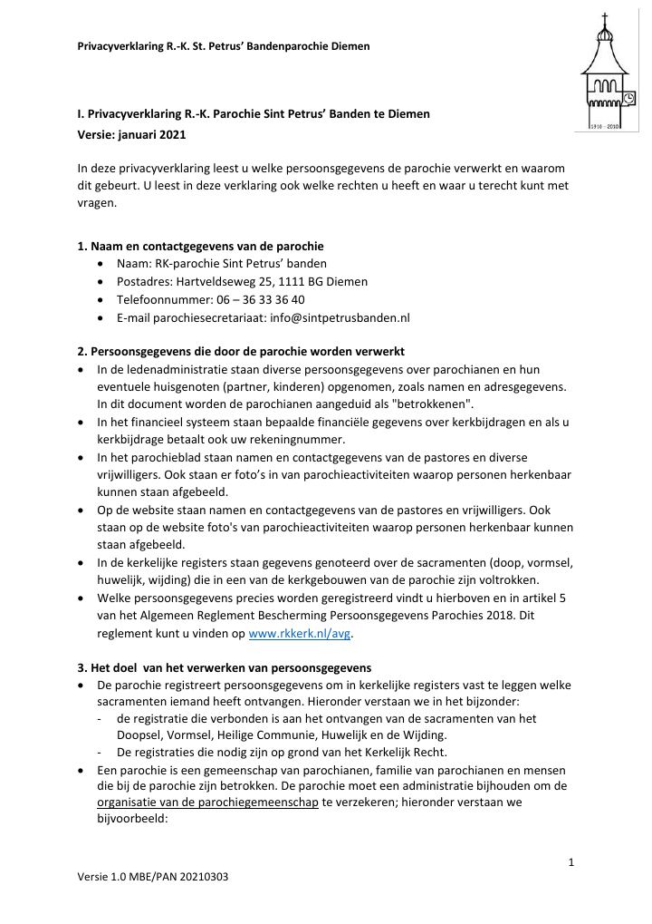 First page of Privacyverklaring R.-K. St. Petrus' Bandenparochie Diemen