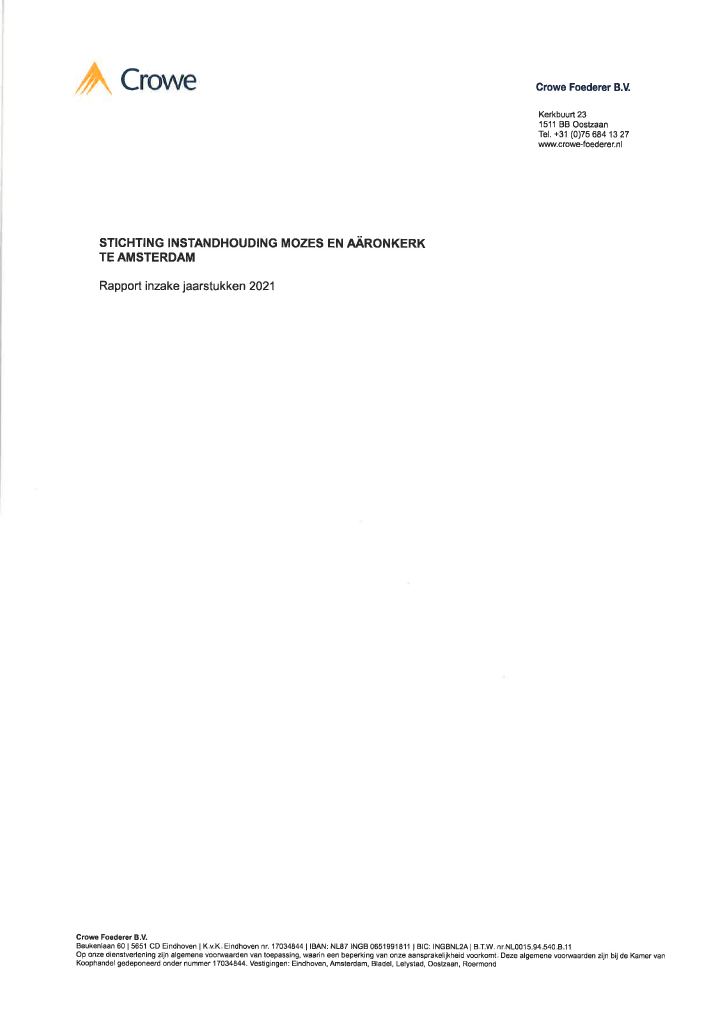 Eerste pagina van Rapport inzake jaarstukken 2021 – Stichting Instandhouding Mozes en Aàronkerk