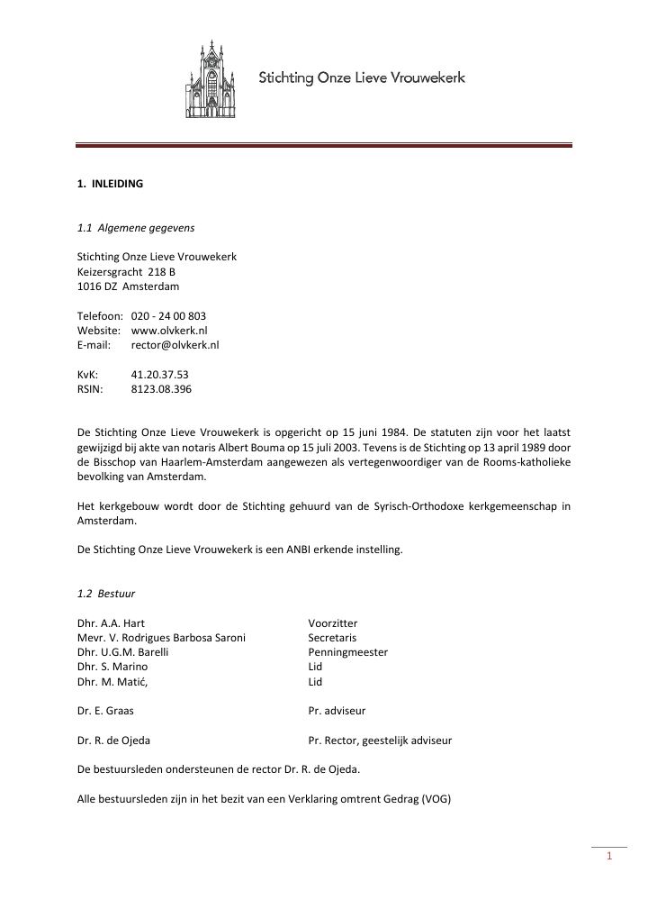 Eerste pagina van Jaarverslag / beleidsplan Stichting Onze Lieve Vrouwekerk Amsterdam