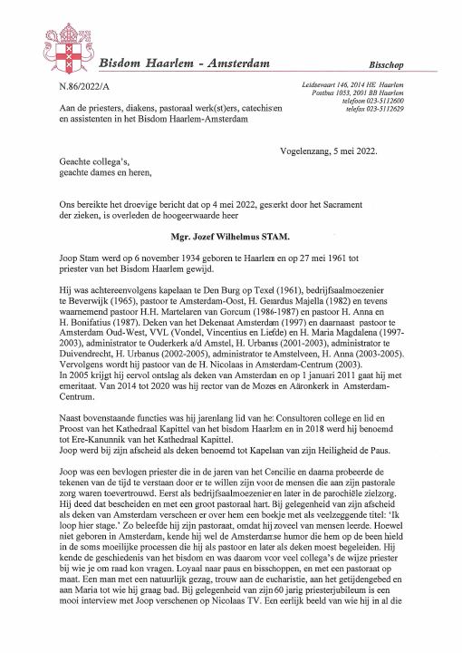 First page of Overlijdensbericht Mgr. J.W. Stam