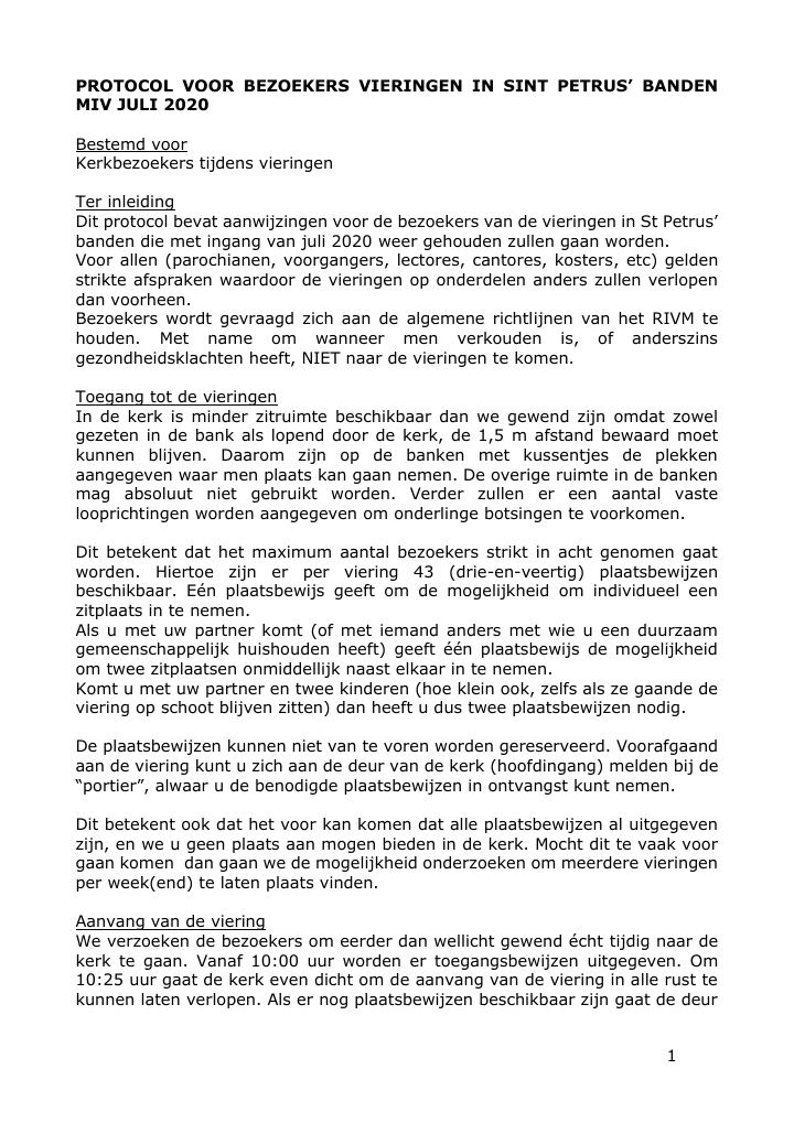 Eerste pagina van Protocol voor bezoekers vieringen in Sint Petrus' Banden
