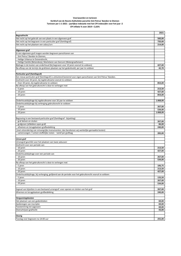 Eerste pagina van Voorwaarden en tarieven - Kerkhof van de Rooms Katholieke parochie Sint Petrus' Banden te Diemen