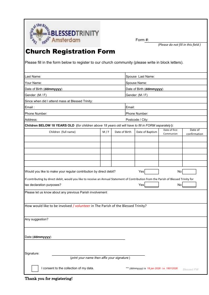 Eerste pagina van Church Registration Form