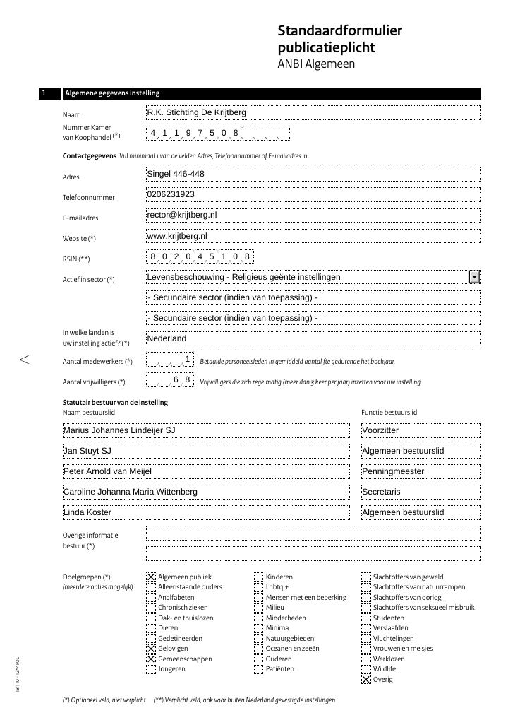 Primera página de Standaardformulier publicatieplicht ANBI Algemeen – R.K. Stichting De Krijtberg