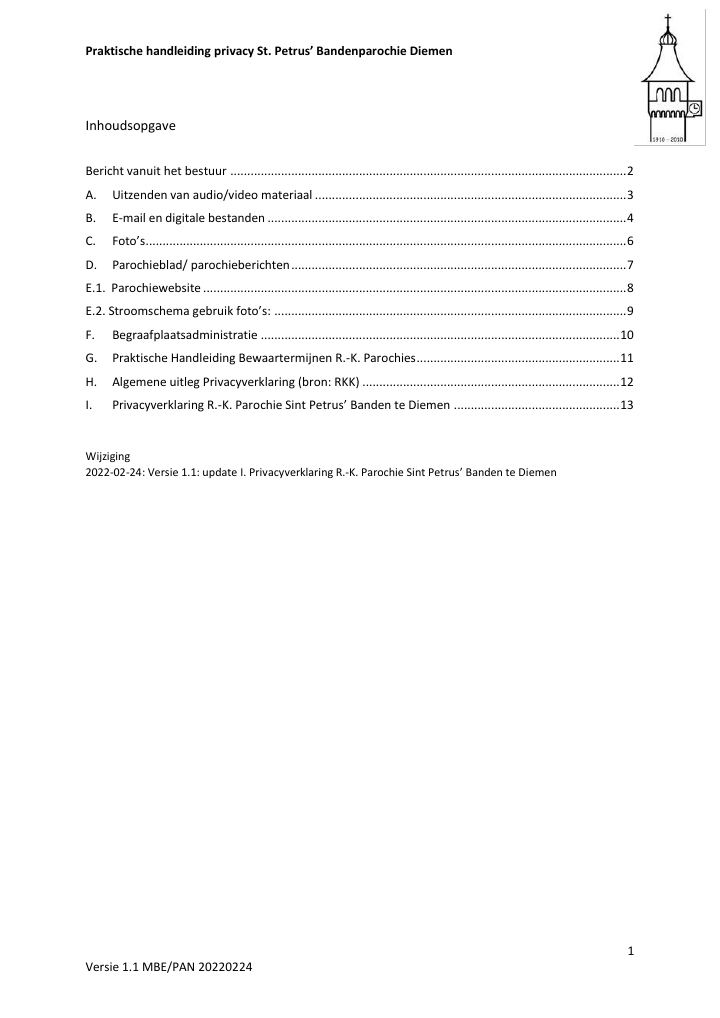 First page of Praktische handleiding privacy St. Petrus' Bandenparochie Diemen