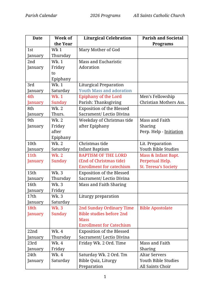 Primera página de Parish Calendar 2026 Programs – All Saints Catholic Church