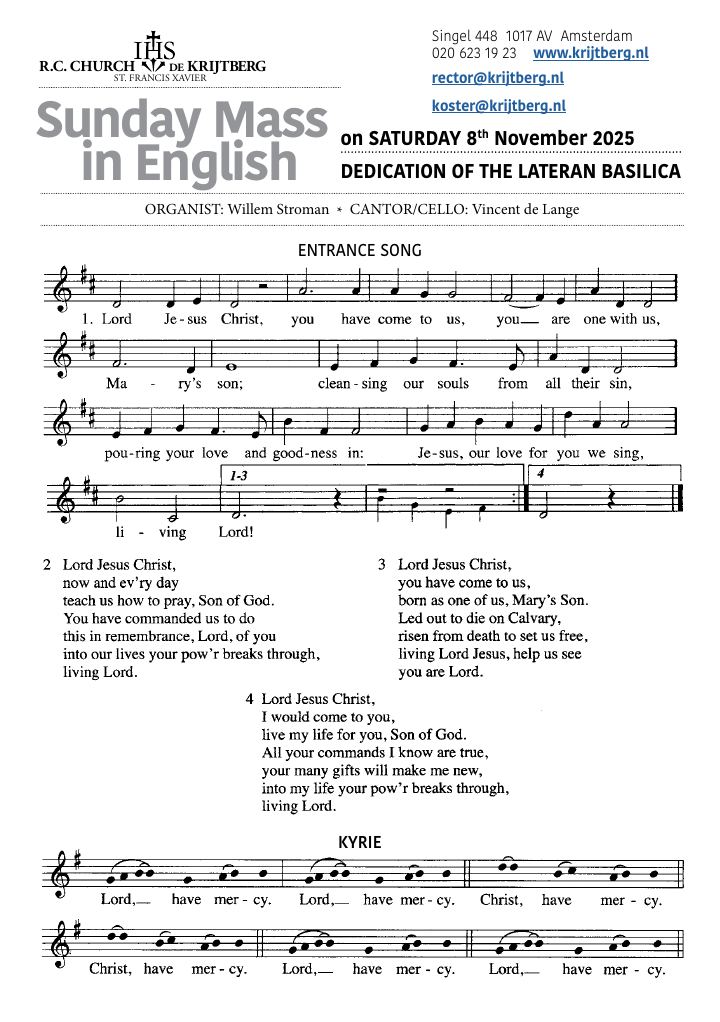 First page of R.C. Church De Krijtberg – St. Francis Xavier, Sunday Mass in English