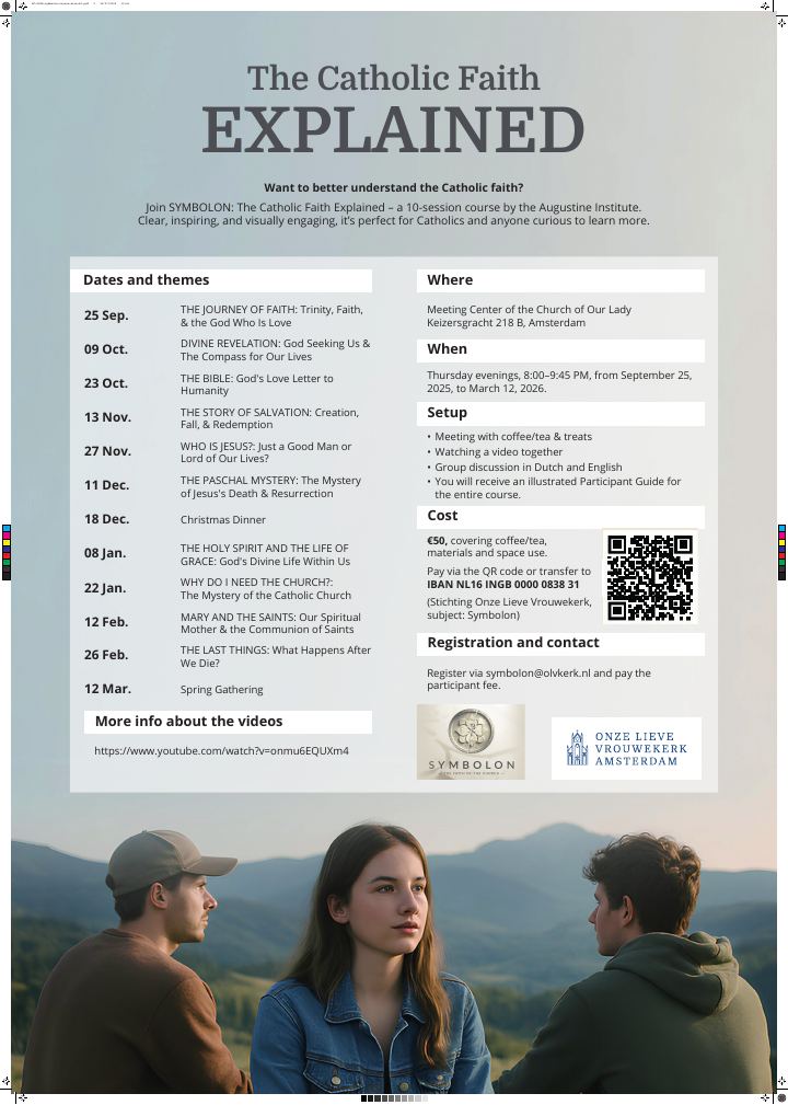 Eerste pagina van Symbolon: The Catholic Faith Explained – course flyer (English and Dutch)