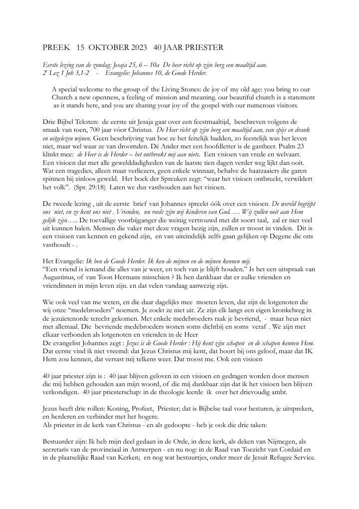 Eerste pagina van Preek 15 oktober 2023 – 40 jaar priester