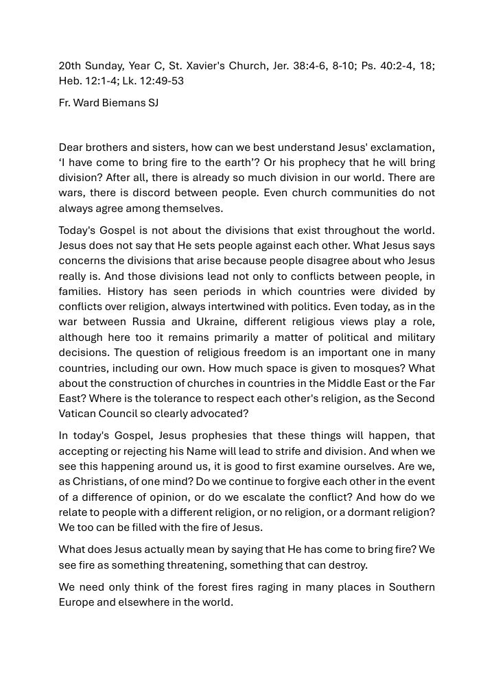 First page of St. Xavier's Church homily sheet