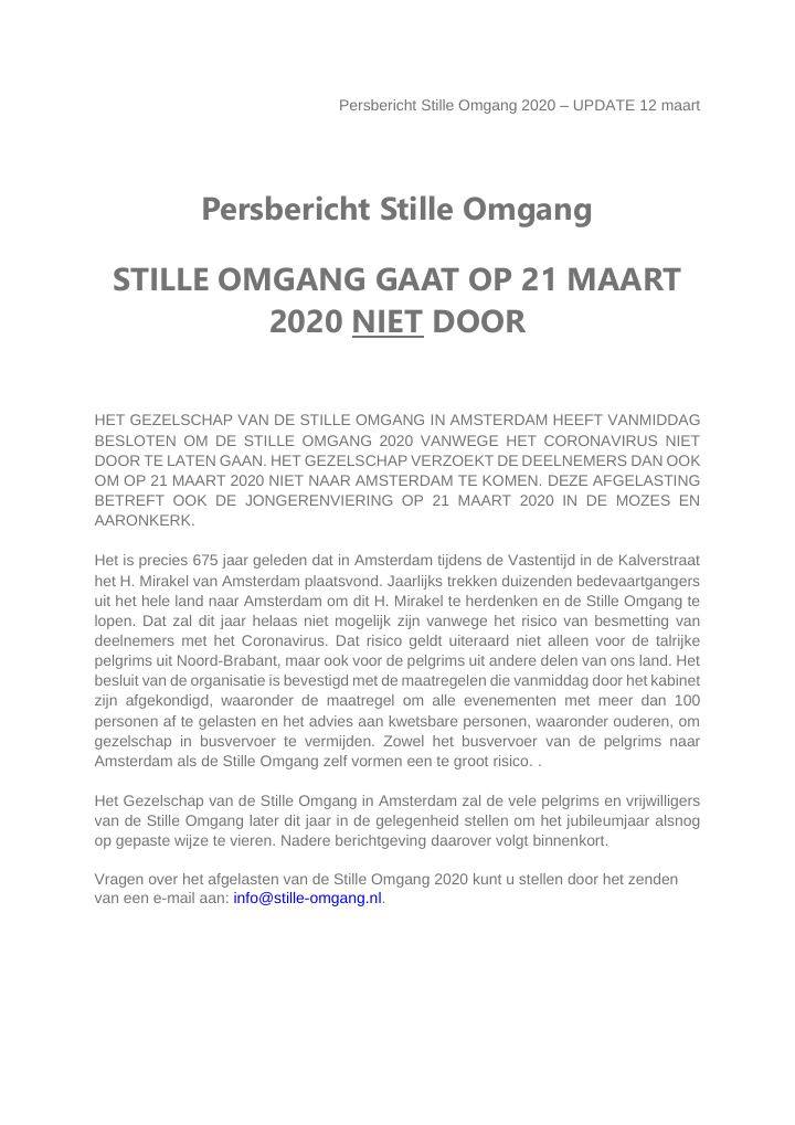 First page of Persbericht Stille Omgang 2020 – UPDATE 12 maart