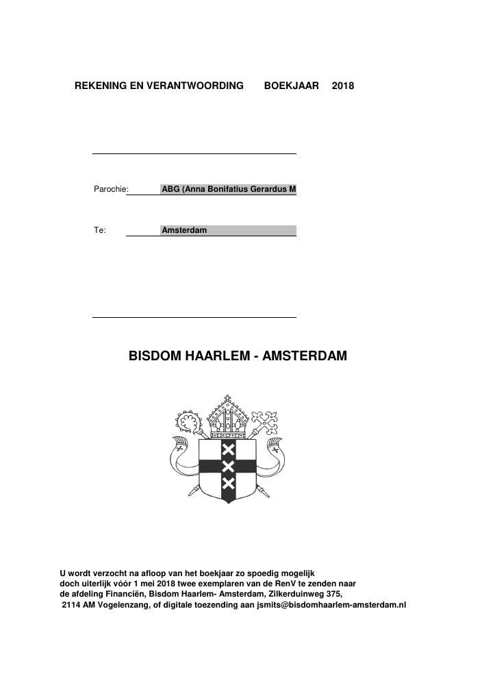 Eerste pagina van Rekening en verantwoording Parochie ABG (Anna Bonifatius Gerardus Majella) Amsterdam, boekjaar 2018