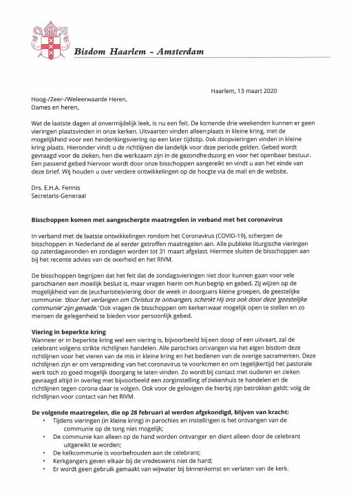 Primera página de Aangescherpte maatregelen van de Bisschoppen mbt Coronavirus