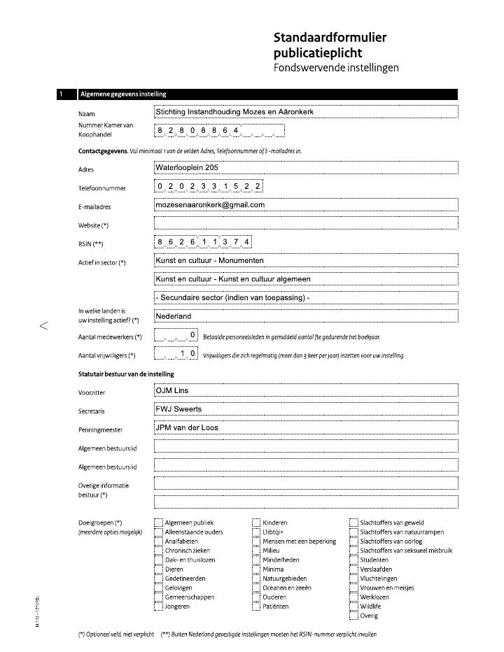 Primera página de Standaardformulier publicatieplicht – Stichting Instandhouding Mozes en Aäronkerk
