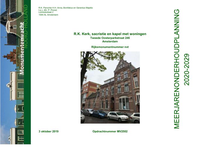 Eerste pagina van Meerjarenonderhoudsplanning R.K. Kerk, sacristie en kapel met woningen, Tweede Oosterparkstraat 246, Amsterdam