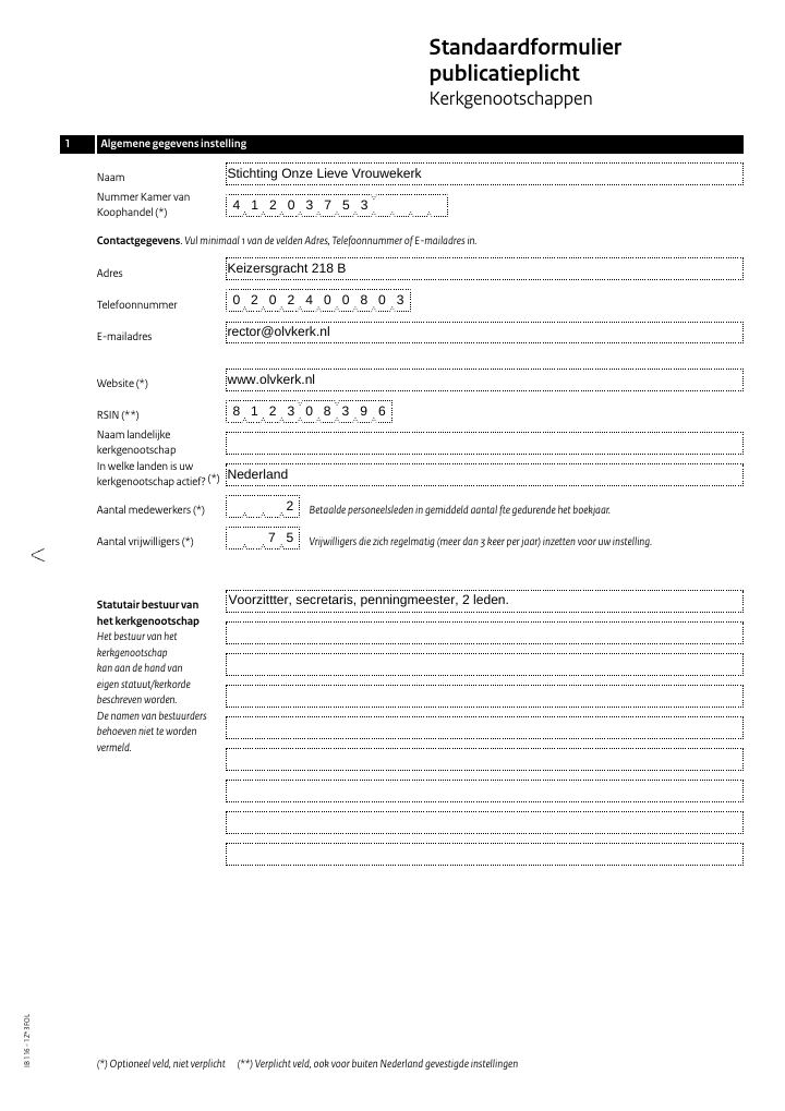 Eerste pagina van Standaardformulier publicatieplicht Kerkgenootschappen – Stichting Onze Lieve Vrouwekerk