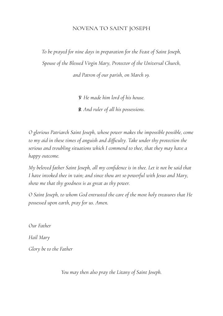 First page of Novena and litany Saint Joseph