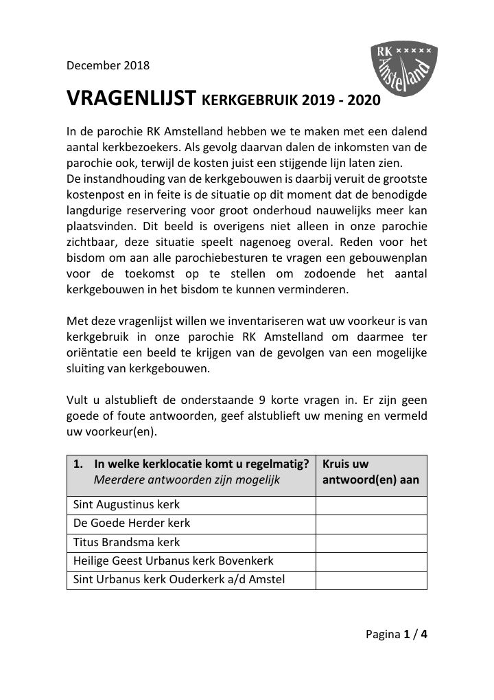 Primera página de Vragenlijst Kerkgbruik 2019 - 2020