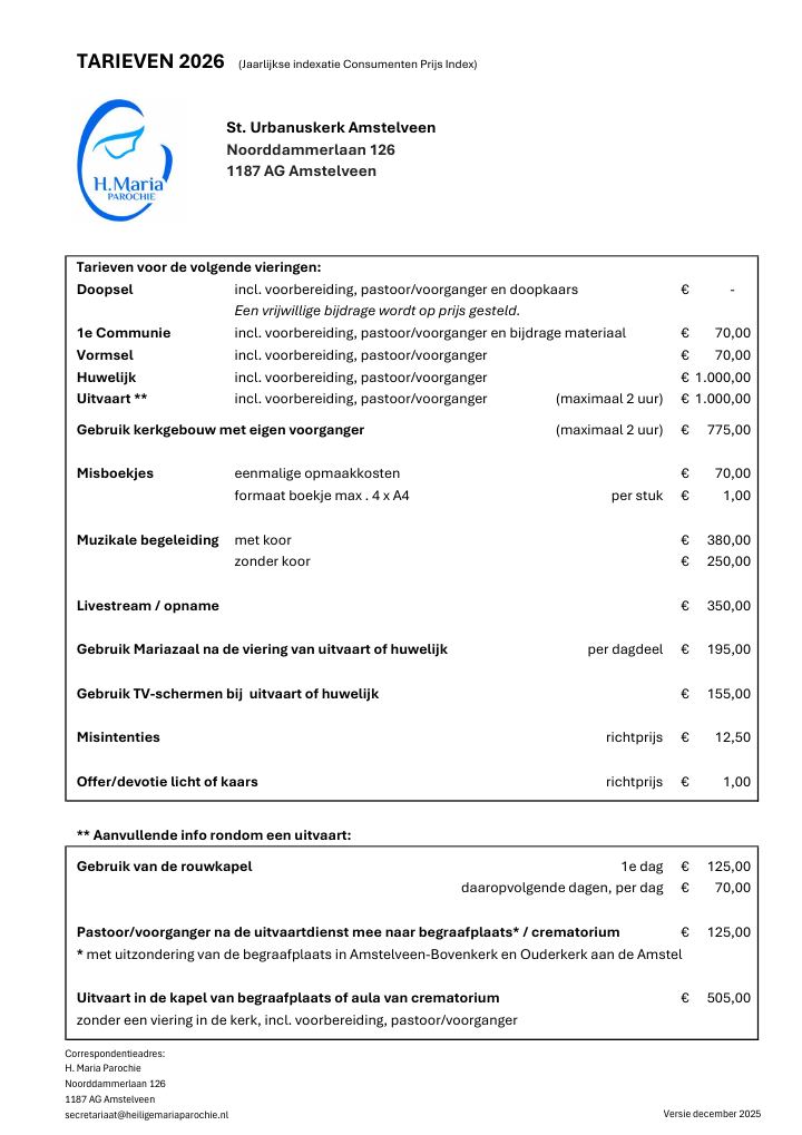 First page of Tarieven 2026 - St. Urbanuskerk Amstelveen
