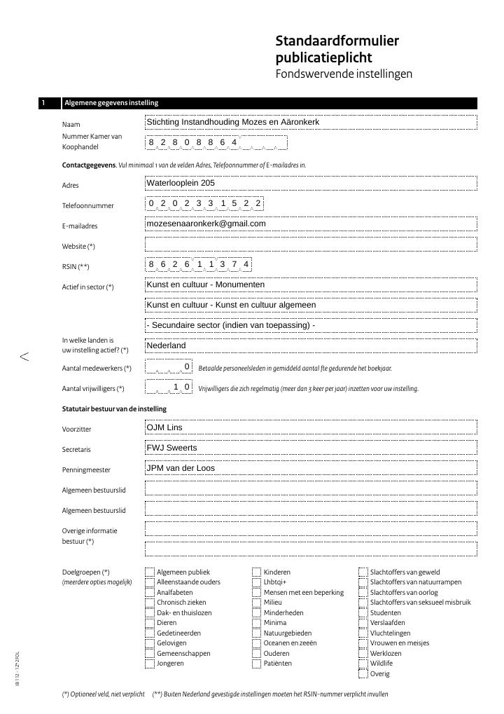 Primera página de Standaardformulier publicatieplicht Fondswervende instellingen – Stichting Instandhouding Mozes en Aäronkerk