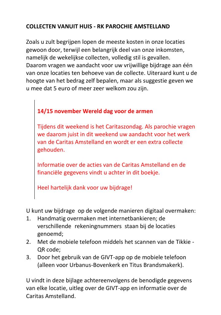 Eerste pagina van Collecten vanuit huis - RK Parochie Amstelland