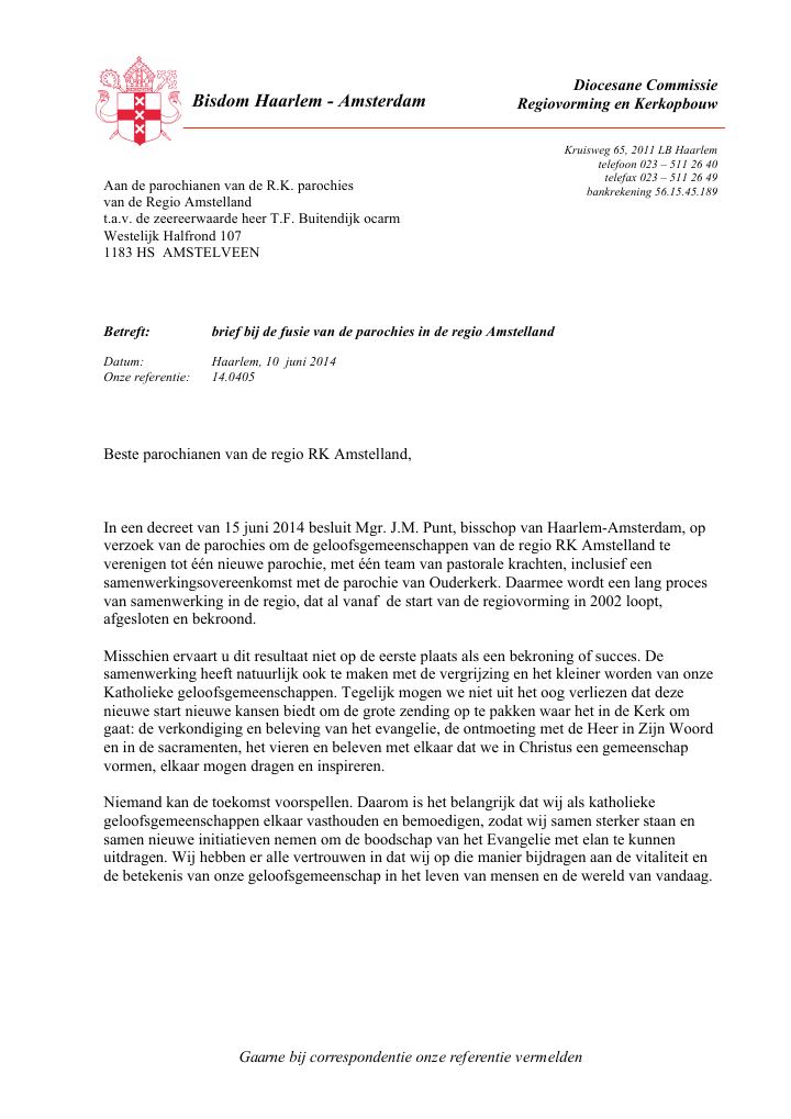 First page of Brief bij de fusie van de parochies in de regio Amstelland