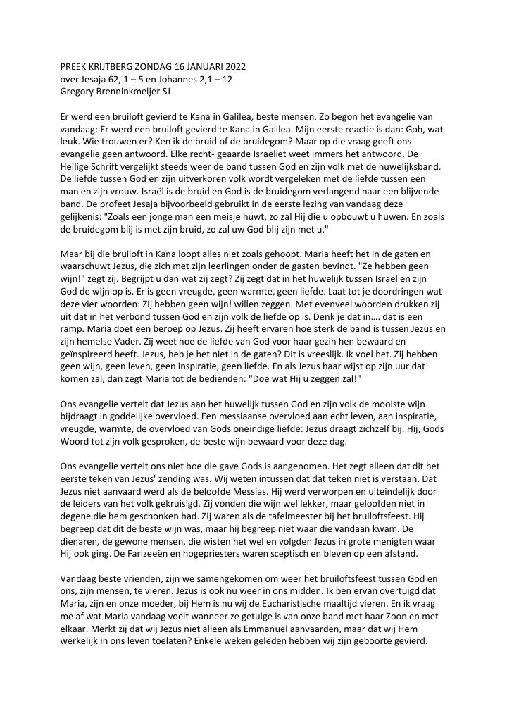 Eerste pagina van Preek Krijtberg zondag 16 januari 2022
