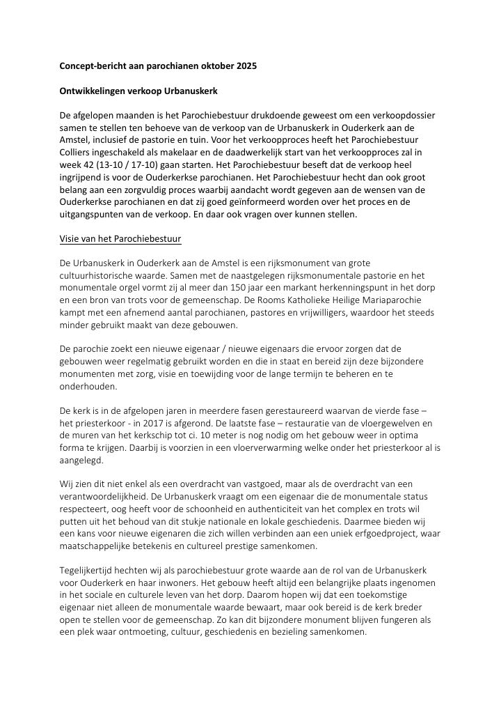 Primera página de Concept-bericht aan parochianen oktober 2025