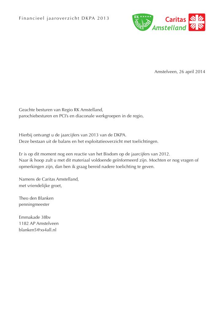 First page of Financieel jaaroverzicht DKPA 2013 Caritas Amstelland