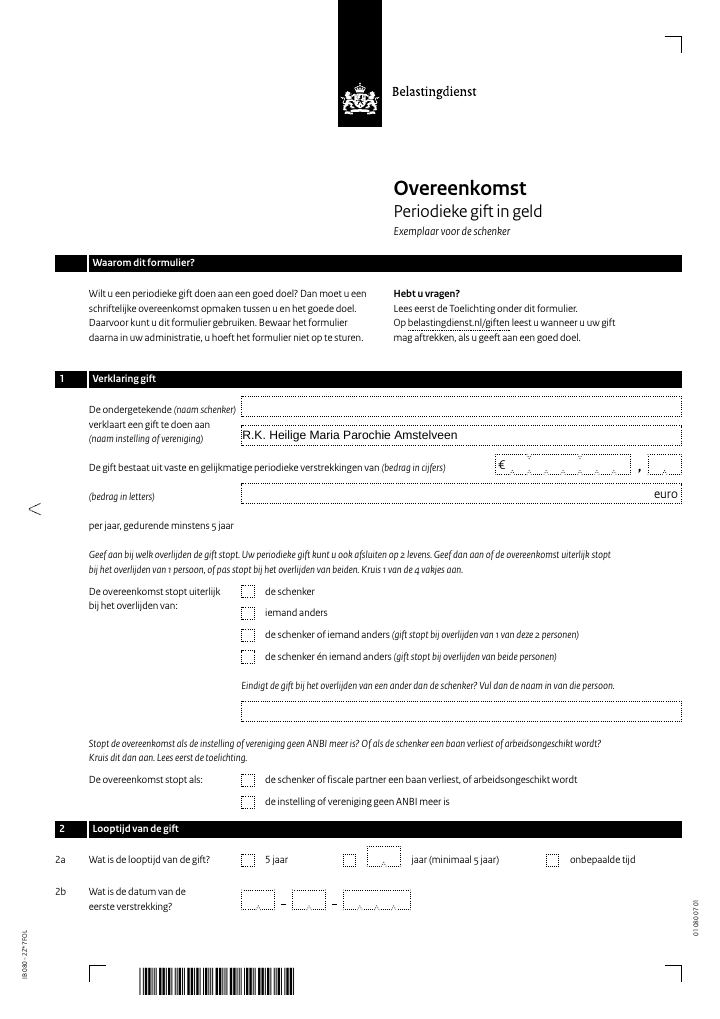 First page of Overeenkomst Periodieke gift in geld