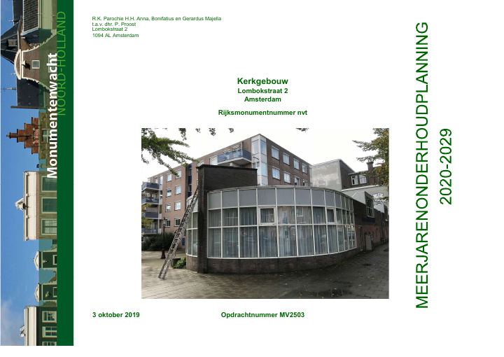 Eerste pagina van Meerjarenonderhoudsplanning Kerkgebouw Lombokstraat 2 Amsterdam