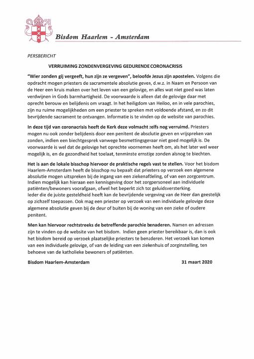 Eerste pagina van persbericht zondenvergeving gedurende coronacrisis